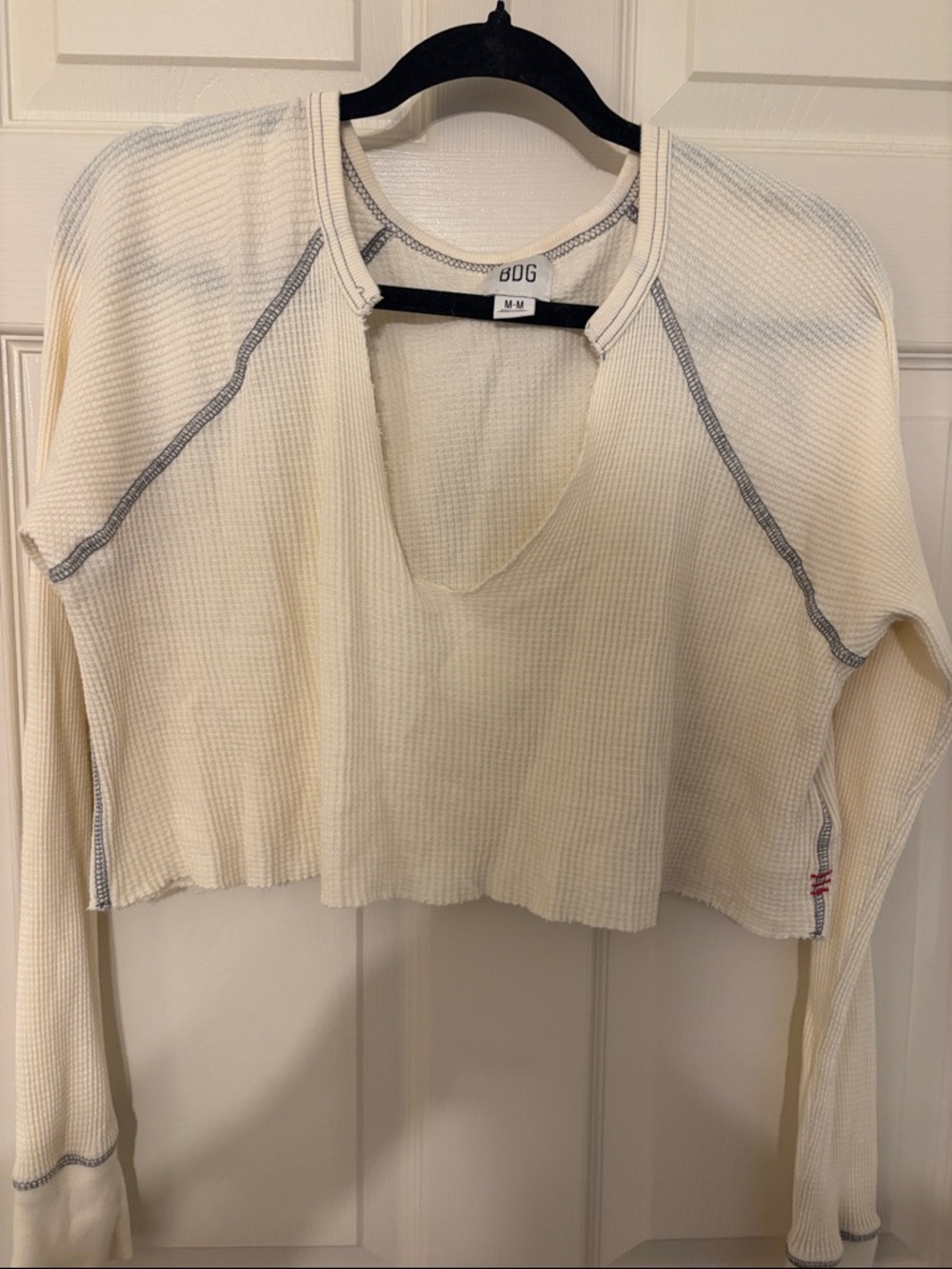 BDG Urban Outfitter Waffle-Knit Cropped Long-Sleeve Top with Contrast Seams